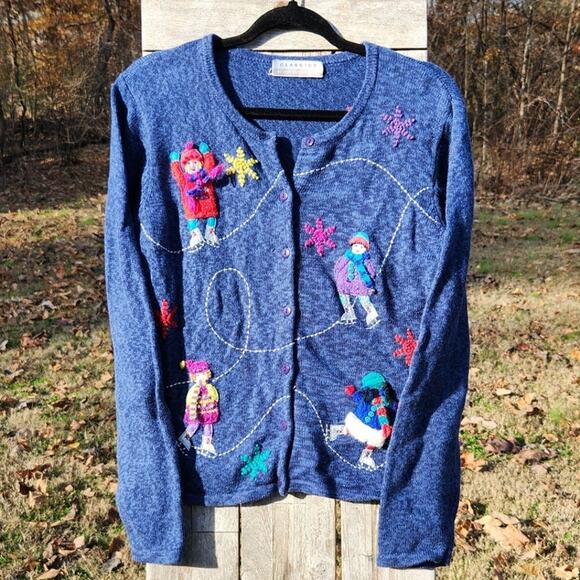 Vintage Ice Skating Sweater Classics by Marisa Christina Embroidered Winter Knit - Picture 1 of 11